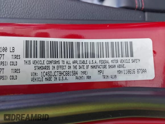 ✅ 2017 Dodge Durango R/T • VIN: 1C4SDJCT9HC681584 • Lot: 43591553. Listed on IAAI with 109,683 mi. Free auction sales archive from the USA and detailed vehicle history report at DreamBid. Image 9.