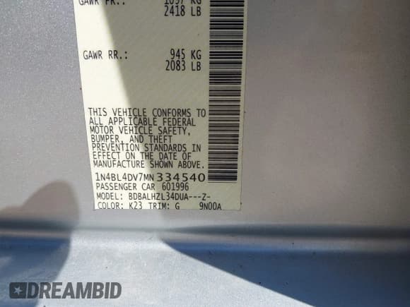 ✅ 2021 Nissan Altima SV • VIN: 1N4BL4DV7MN334540 • Lot: 43284961. Listed on IAAI with 94,483 mi. Free auction sales archive from the USA and detailed vehicle history report at DreamBid. Image 9.