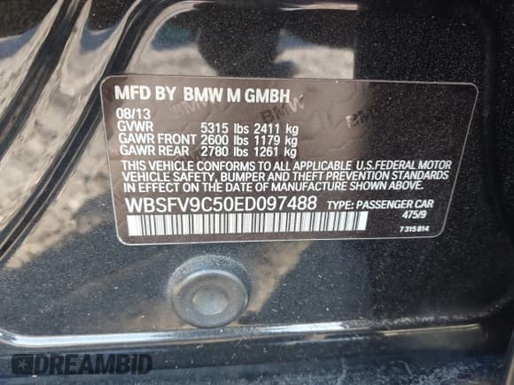 ✅ 2014 BMW M5 • VIN: WBSFV9C50ED097488 • Лот: 41185321. Опубликован ранее на IAAI с пробегом 72 891 миль. Бесплатный доступ к архиву аукционных продаж из США и подробный отчёт об истории автомобиля на DreamBid. Изображение 9.