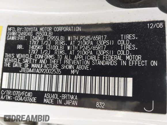 ✅ 2009 Toyota Highlander • VIN: JTEDA41A092002535 • Lot: 42380065. Wystawiony na IAAI z przebiegiem 242 281 mil. Bezpłatny archiwum sprzedaży aukcyjnych z USA i szczegółowy raport historii pojazdu na DreamBid. Zdjęcie 9.