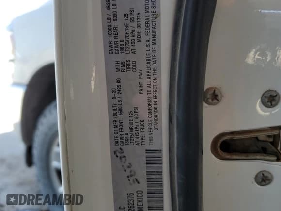 ✅ 2020 Ram 2500 Tradesman • VIN: 3C6UR5HJ3LG262376 • Lot: 49802065. Listed on Copart with 112,114 mi. Free auction sales archive from the USA and detailed vehicle history report at DreamBid. Image 12.