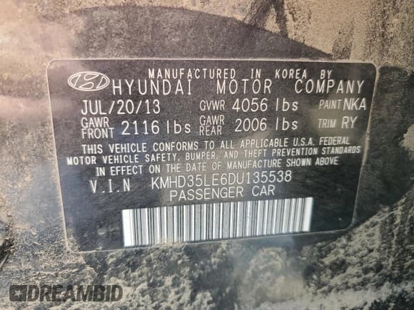 ✅ 2013 Hyundai Elantra • VIN: KMHD35LE6DU135538 • Lot: 53363365. Listed on Copart with 154,976 mi. Free auction sales archive from the USA and detailed vehicle history report at DreamBid. Image 13.