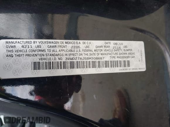 ✅ 2011 Volkswagen Jetta SE • VIN: 3VWDZ7AJ5BM308687 • Lot: 42127389. Listed on IAAI with 155,419 mi. Free auction sales archive from the USA and detailed vehicle history report at DreamBid. Image 9.