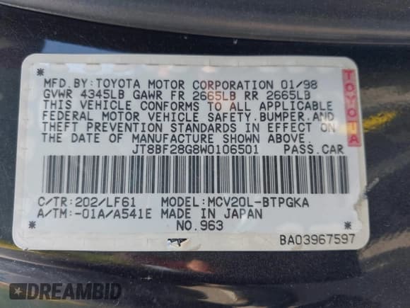 ✅ 1998 Lexus ES 300 • VIN: JT8BF28G8W0106501 • Lot: 42299178. Wystawiony na IAAI z przebiegiem 277 165 mil. Bezpłatny archiwum sprzedaży aukcyjnych z USA i szczegółowy raport historii pojazdu na DreamBid. Zdjęcie 9.