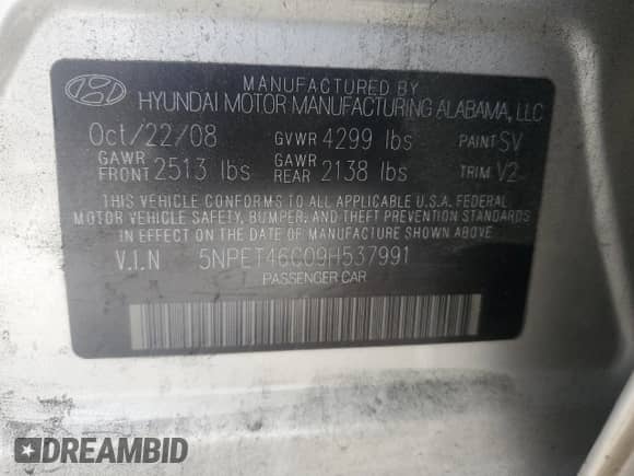 2009 Hyundai Sonata GLS z VIN 5NPET46C09H537991, wystawiony jako Copart lot #66938924 z przebiegiem 146 516 mil mil oraz Szkoda całkowita • Salvage title. Historia ofert i sprzedaży dostępna na DreamBid. Obrazek 12.