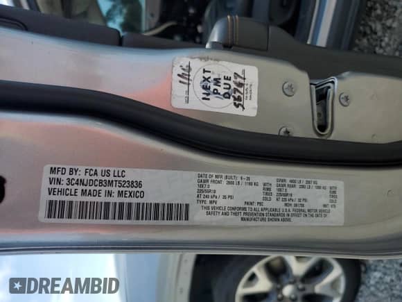 2021 Jeep Compass Limited с VIN 3C4NJDCB3MT523836, выставлен на аукционе Copart как лот 68980255 с пробегом 114 168 миль миль и Списание • Salvage title. История ставок и продаж доступна на DreamBid. Изображение 13.