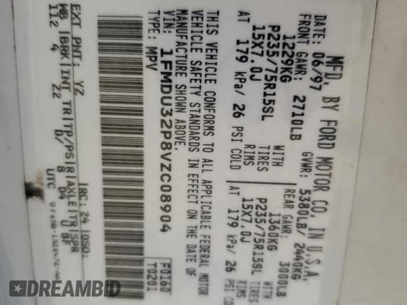 ✅ 1997 Ford Explorer XLT • VIN: 1FMDU32P8VZC08904 • Lot: 78166244. Listed on Copart with 232,404 mi. Free auction sales archive from the USA and detailed vehicle history report at DreamBid. Image 15.