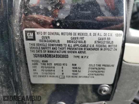 ✅ 2010 Chevrolet HHR 1LT • VIN: 3GNBABDB3AS563803 • Lot: 43408655. Listed on Copart with 189,268 mi. Free auction sales archive from the USA and detailed vehicle history report at DreamBid. Image 14.