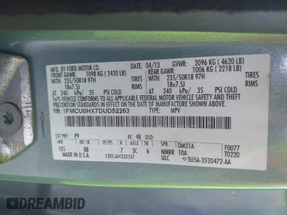 ✅ 2013 Ford Escape SEL • VIN: 1FMCU0HX7DUD52263 • Лот: 43609421. Опубликован ранее на IAAI с пробегом Не указан. Бесплатный доступ к архиву аукционных продаж из США и подробный отчёт об истории автомобиля на DreamBid. Изображение 9.