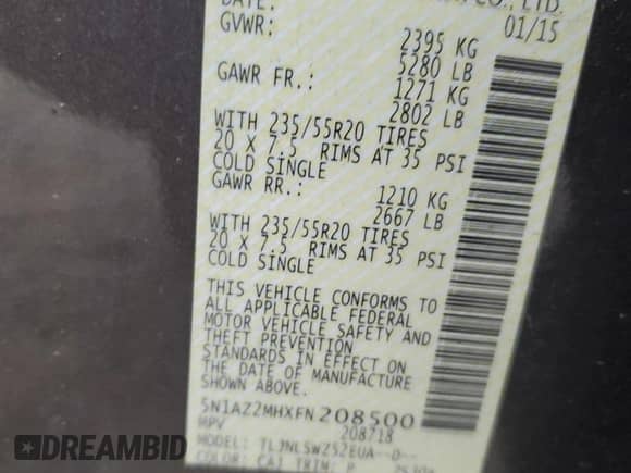 2015 Nissan Murano SL with VIN 5N1AZ2MHXFN208500, listed as a Copart auction lot 54423705 with 147,062 mi miles and Salvage title. Bid and sale history available at DreamBid. Image 13.