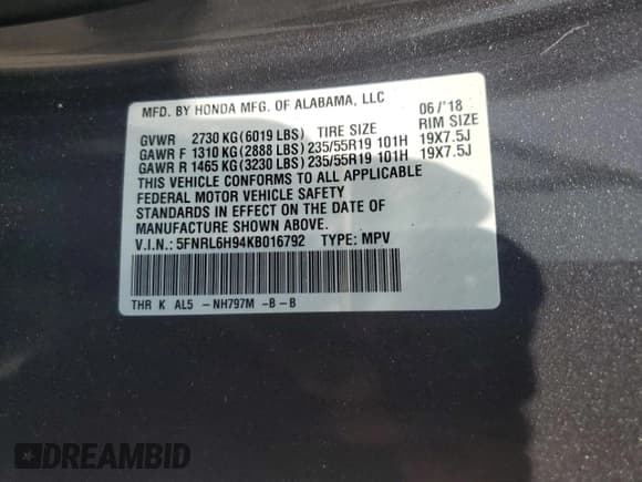 ✅ 2019 Honda Odyssey Elite • VIN: 5FNRL6H94KB016792 • Lot: 66344125. Listed on Copart with Not provided. Free auction sales archive from the USA and detailed vehicle history report at DreamBid. Image 13.