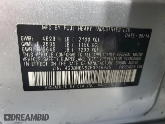 ✅ 2015 Subaru Legacy Limited • VIN: 4S3BNEN62F3016955 • Lot: 66942835. Listed on Copart with 125,075 mi. Free auction sales archive from the USA and detailed vehicle history report at DreamBid. Image 13.