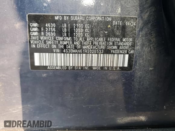 ✅ 2024 Subaru Legacy Limited • VIN: 4S3BWAN61R3026533 • Lot: 59266325. Listed on Copart with 15,203 mi. Free auction sales archive from the USA and detailed vehicle history report at DreamBid. Image 12.