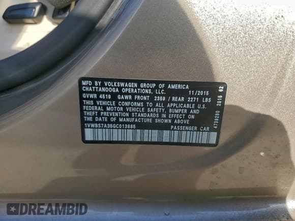 ✅ 2016 Volkswagen Passat SE • VIN: 1VWBS7A35GC013885 • Lot: 96762265. Listed on Copart with 131,936 mi. Free auction sales archive from the USA and detailed vehicle history report at DreamBid. Image 12.