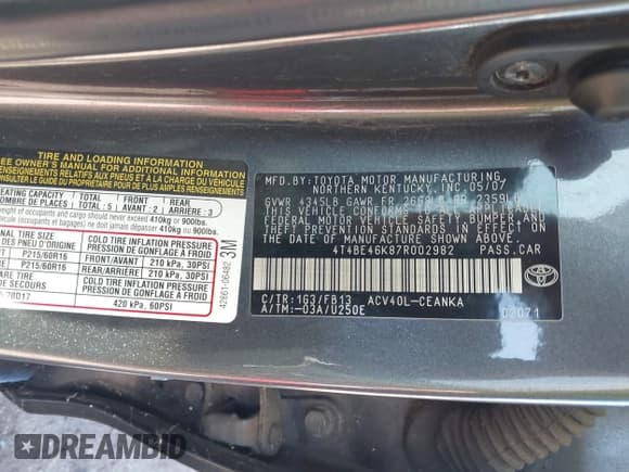 ✅ 2007 Toyota Camry LE • VIN: 4T4BE46K87R002982 • Lot: 43504653. Listed on IAAI with 266,645 mi. Free auction sales archive from the USA and detailed vehicle history report at DreamBid. Image 9.