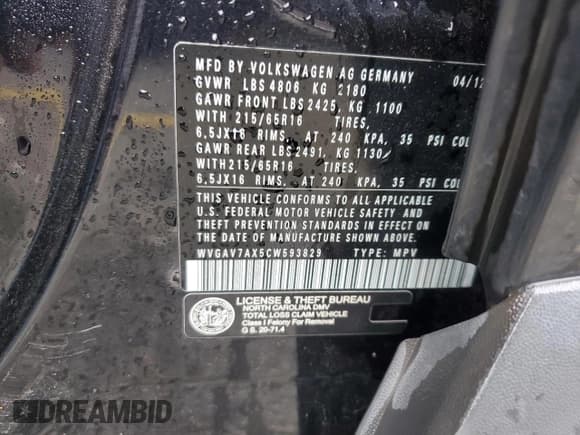 ✅ 2012 Volkswagen Tiguan SE • VIN: WVGAV7AX5CW593829 • Lot: 58943515. Wystawiony na Copart z przebiegiem 153 172 mil. Bezpłatny archiwum sprzedaży aukcyjnych z USA i szczegółowy raport historii pojazdu na DreamBid. Zdjęcie 12.