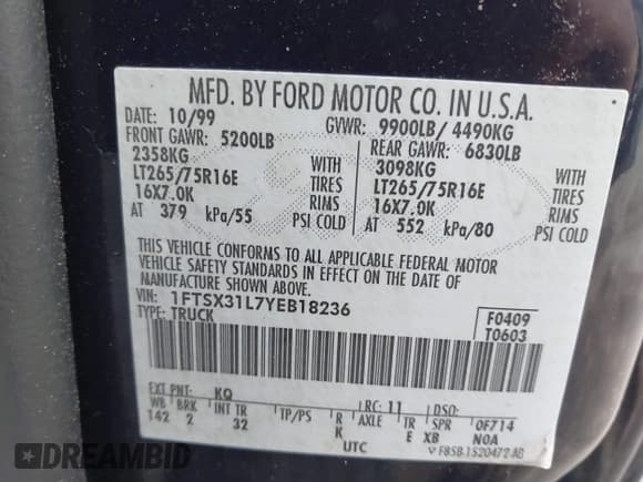 ✅ 2000 Ford F-350 XL • VIN: 1FTSX31L7YEB18236 • Lot: 41900090. Listed on IAAI with 71,543 mi. Free auction sales archive from the USA and detailed vehicle history report at DreamBid. Image 9.
