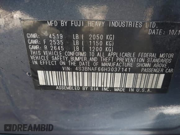 ✅ 2017 Subaru Legacy Premium • VIN: 4S3BNAF66H3037141 • Lot: 43617130. Listed on IAAI with 183,620 mi. Free auction sales archive from the USA and detailed vehicle history report at DreamBid. Image 9.