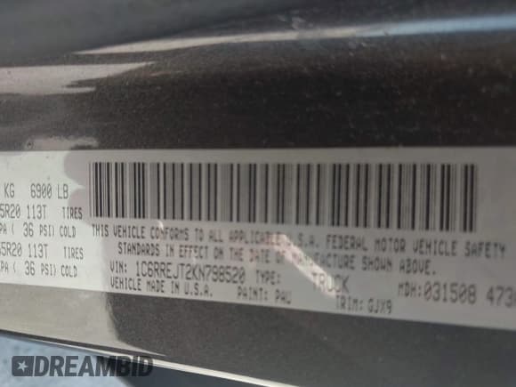 ✅ 2019 Ram 1500 Laramie • VIN: 1C6RREJT2KN798520 • Lot: 43388635. Listed on IAAI with 67,449 mi. Free auction sales archive from the USA and detailed vehicle history report at DreamBid. Image 9.