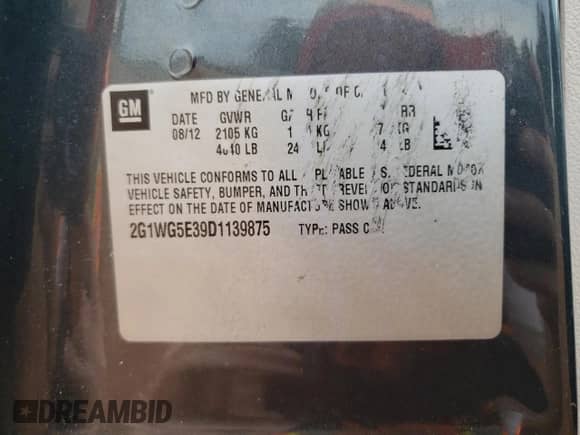 2013 Chevrolet Impala LT с VIN 2G1WG5E39D1139875, выставлен на аукционе Copart как лот 81767605 с пробегом 164 756 миль миль и Списание • Salvage title. История ставок и продаж доступна на DreamBid. Изображение 12.