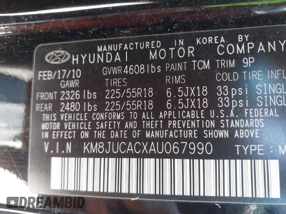 2010 Hyundai Tucson GLS with VIN KM8JUCACXAU067990, listed as a IAAI auction lot 42649941 with 171,324 mi miles and . Bid and sale history available at DreamBid. Image 9.