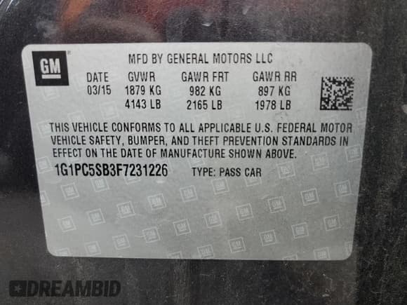 ✅ 2015 Chevrolet Cruze LT • VIN: 1G1PC5SB3F7231226 • Lot: 49082253. Listed on Copart with Not provided. Free auction sales archive from the USA and detailed vehicle history report at DreamBid. Image 12.