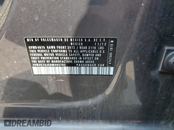 ✅ 2013 Volkswagen Jetta S • VIN: 3VW2K7AJ5DM403782 • Lot: 59902885. Listed on Copart with 138,710 mi. Free auction sales archive from the USA and detailed vehicle history report at DreamBid. Image 12.