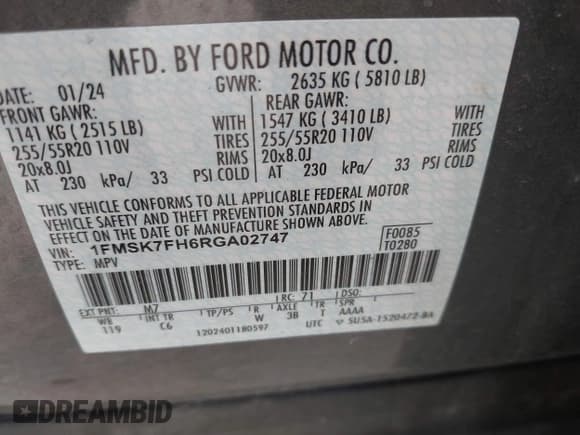 ✅ 2024 Ford Explorer Limited • VIN: 1FMSK7FH6RGA02747 • Lot: 42267302. Wystawiony na IAAI z przebiegiem 38 587 mil. Bezpłatny archiwum sprzedaży aukcyjnych z USA i szczegółowy raport historii pojazdu na DreamBid. Zdjęcie 9.