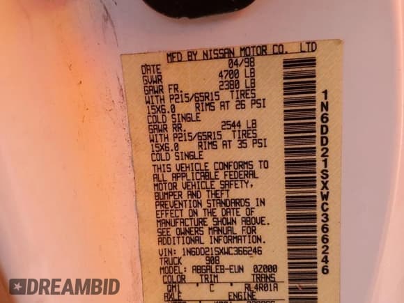 ✅ 1998 Nissan Frontier XE • VIN: 1N6DD21SXWC366246 • Lot: 67872835. Listed on Copart with 162,318 mi. Free auction sales archive from the USA and detailed vehicle history report at DreamBid. Image 12.