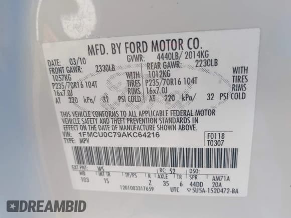 ✅ 2010 Ford Escape XLS • VIN: 1FMCU0C79AKC64216 • Лот: 43841078. Опубликован ранее на IAAI с пробегом Не указан. Бесплатный доступ к архиву аукционных продаж из США и подробный отчёт об истории автомобиля на DreamBid. Изображение 9.