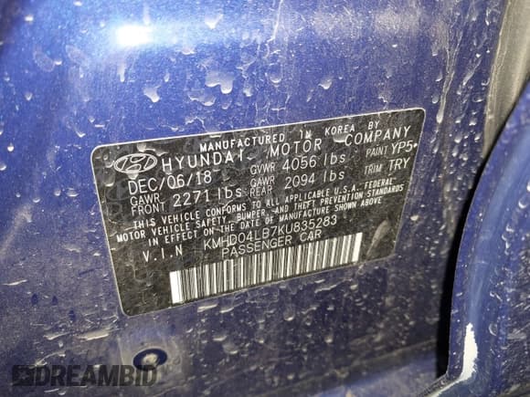 ✅ 2019 Hyundai Elantra Sport • VIN: KMHD04LB7KU835283 • Lot: 43320865. Listed on IAAI with 42,546 mi. Free auction sales archive from the USA and detailed vehicle history report at DreamBid. Image 9.