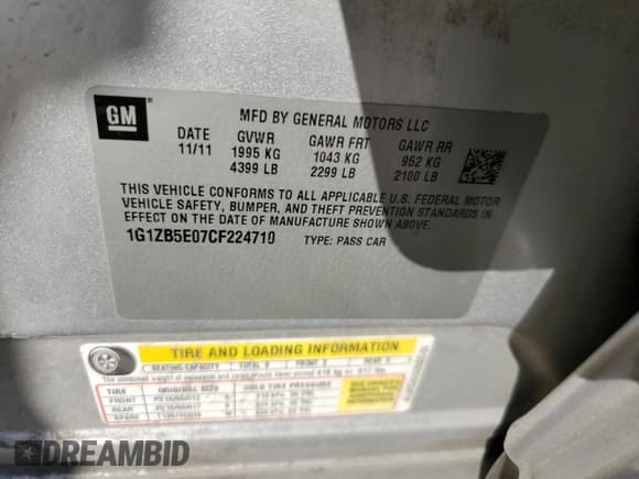 ✅ 2012 Chevrolet Malibu 1LS • VIN: 1G1ZB5E07CF224710 • Lot: 74375084. Listed on Copart with 105,537 mi. Free auction sales archive from the USA and detailed vehicle history report at DreamBid. Image 12.