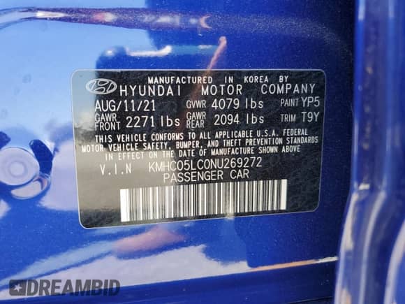 2022 Hyundai Ioniq Limited с VIN KMHC05LC0NU269272, выставлен на аукционе Copart как лот 52376575 с пробегом 43 141 миль миль и Чистый • Clean title. История ставок и продаж доступна на DreamBid. Изображение 13.