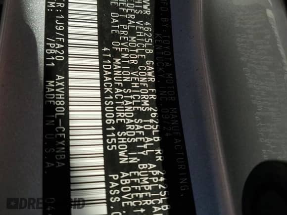 2025 Toyota Camry LE with VIN 4T1DAACK1SU061155, listed as a Copart auction lot 89503055 with Not provided miles and Salvage title. Bid and sale history available at DreamBid. Image 13.