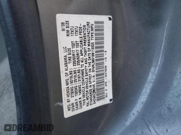 ✅ 2008 Honda Odyssey Touring • VIN: 5FNRL38918B112225 • Lot: 89540295. Listed on Copart with 166,144 mi. Free auction sales archive from the USA and detailed vehicle history report at DreamBid. Image 13.