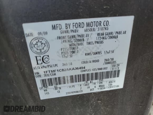 ✅ 2010 Ford F-150 XL • VIN: 1FTMF1C82AKA36494 • Lot: 55940235. Listed on Copart with 206,893 mi. Free auction sales archive from the USA and detailed vehicle history report at DreamBid. Image 12.