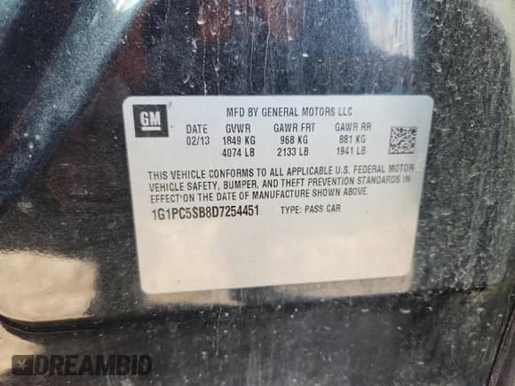 2013 Chevrolet Cruze 1LT with VIN 1G1PC5SB8D7254451, listed as a Copart auction lot 89877745 with 179,953 mi miles and Clean title. Bid and sale history available at DreamBid. Image 12.