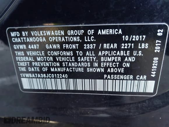 ✅ 2018 Volkswagen Passat SE • VIN: 1VWBA7A36JC012240 • Lot: 43795846. Listed on IAAI with 168,009 mi. Free auction sales archive from the USA and detailed vehicle history report at DreamBid. Image 9.