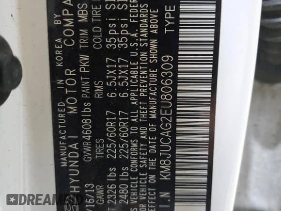 2014 Hyundai Tucson Limited with VIN KM8JUCAG2EU806309, listed as a Copart auction lot 66015735 with 104,328 mi miles and Salvage title. Bid and sale history available at DreamBid. Image 13.