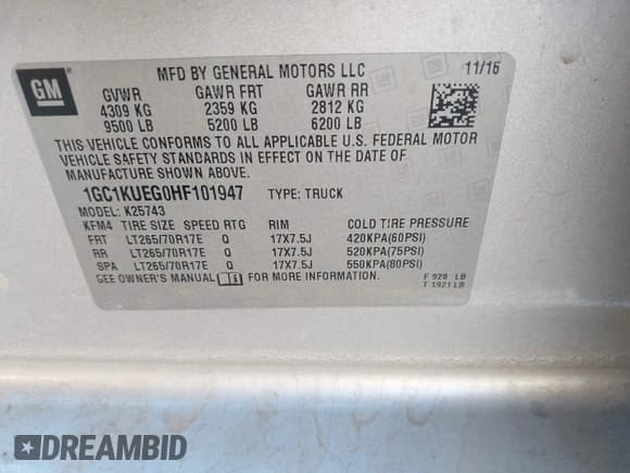 ✅ 2017 Chevrolet Silverado 2500HD Work Truck • VIN: 1GC1KUEG0HF101947 • Lot: 43635344. Wystawiony na IAAI z przebiegiem 188 245 mil. Bezpłatny archiwum sprzedaży aukcyjnych z USA i szczegółowy raport historii pojazdu na DreamBid. Zdjęcie 9.