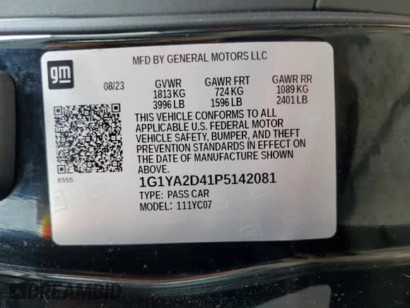 2023 Chevrolet Corvette 1LT с VIN 1G1YA2D41P5142081, выставлен на аукционе Copart как лот 72024064 с пробегом 3 008 миль миль и На запчасти • Non repairable. История ставок и продаж доступна на DreamBid. Изображение 12.