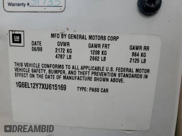 ✅ 1999 Cadillac Eldorado • VIN: 1G6EL12Y7XU615169 • Лот: 76459744. Опубликован ранее на Copart с пробегом Не указан. Бесплатный доступ к архиву аукционных продаж из США и подробный отчёт об истории автомобиля на DreamBid. Изображение 13.