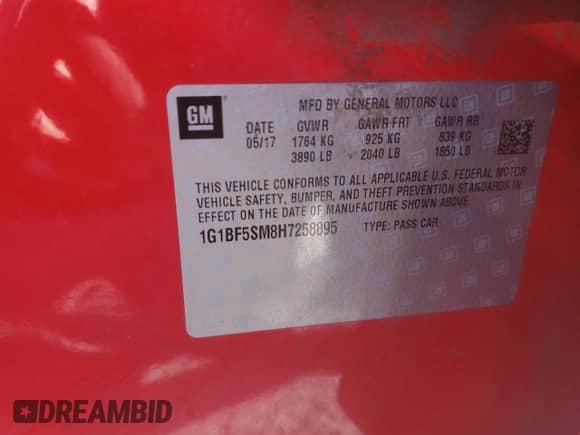 2017 Chevrolet Cruze Premier with VIN 1G1BF5SM8H7258895, listed as a Copart auction lot 86518225 with 78,845 mi miles and Salvage title. Bid and sale history available at DreamBid. Image 12.