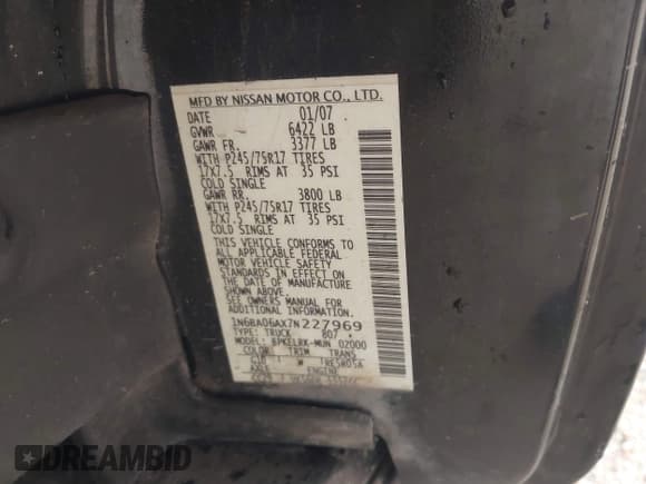 ✅ 2007 Nissan Titan SE • VIN: 1N6BA06AX7N227969 • Lot: 43748083. Listed on IAAI with 310,499 mi. Free auction sales archive from the USA and detailed vehicle history report at DreamBid. Image 9.