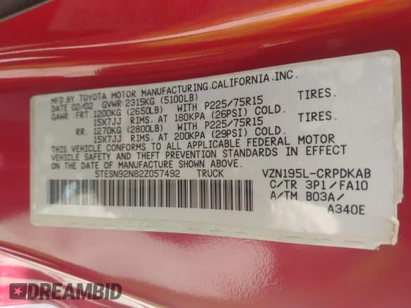 ✅ 2002 Toyota Tacoma PreRunner • VIN: 5TESN92N82Z057492 • Lot: 42711871. Listed on IAAI with 199,679 mi. Free auction sales archive from the USA and detailed vehicle history report at DreamBid. Image 9.