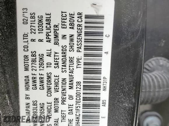 ✅ 2014 Acura RLX Technology • VIN: JH4KC1F57EC001238 • Lot: 61379615. Listed on Copart with 150,837 mi. Free auction sales archive from the USA and detailed vehicle history report at DreamBid. Image 13.