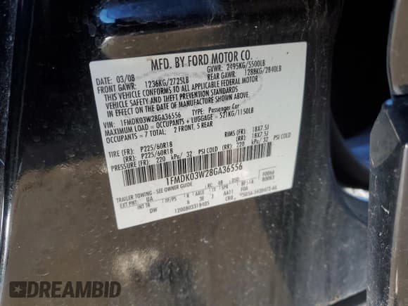 ✅ 2008 Ford Taurus X Limited • VIN: 1FMDK03W28GA36556 • Lot: 47392265. Listed on Copart with 177,829 mi. Free auction sales archive from the USA and detailed vehicle history report at DreamBid. Image 15.