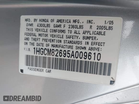 ✅ 2005 Honda Accord EX-L • VIN: 1HGCM82695A009610 • Lot: 43787234. Listed on IAAI with 229,256 mi. Free auction sales archive from the USA and detailed vehicle history report at DreamBid. Image 9.