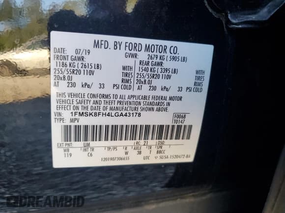 ✅ 2020 Ford Explorer Limited • VIN: 1FMSK8FH4LGA43178 • Lot: 84958135. Listed on Copart with 63,258 mi. Free auction sales archive from the USA and detailed vehicle history report at DreamBid. Image 13.