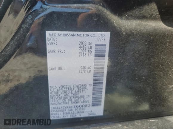 ✅ 2024 Nissan Altima SR • VIN: 1N4BL4CWXRN360082 • Lot: 81324245. Listed on Copart with 13,373 mi. Free auction sales archive from the USA and detailed vehicle history report at DreamBid. Image 12.